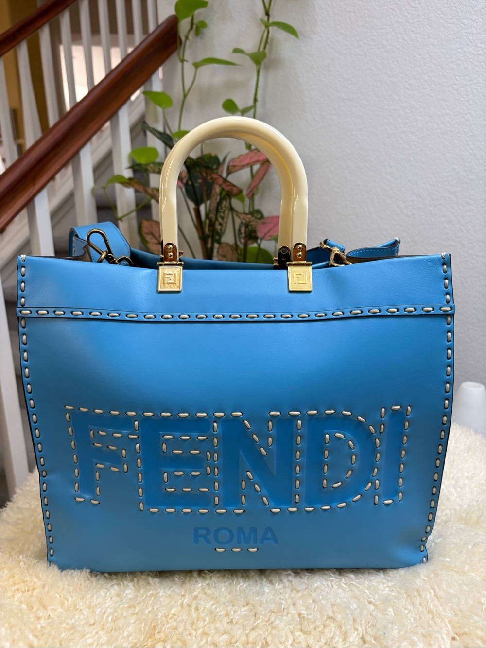 Fendi Sunshine Medium Blue Leather Tote with Cream Top Handles * Like New